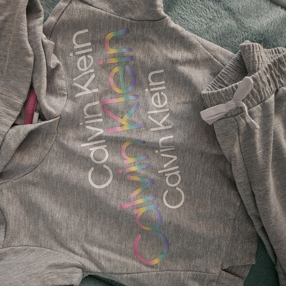 Calvin Klein Gray and Pink Short Sleeve Jogger Set with Rainbow Detail - Picture 3 of 8